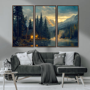 Mountain Cabin by the Lake at Sunset Wall Art - Serene