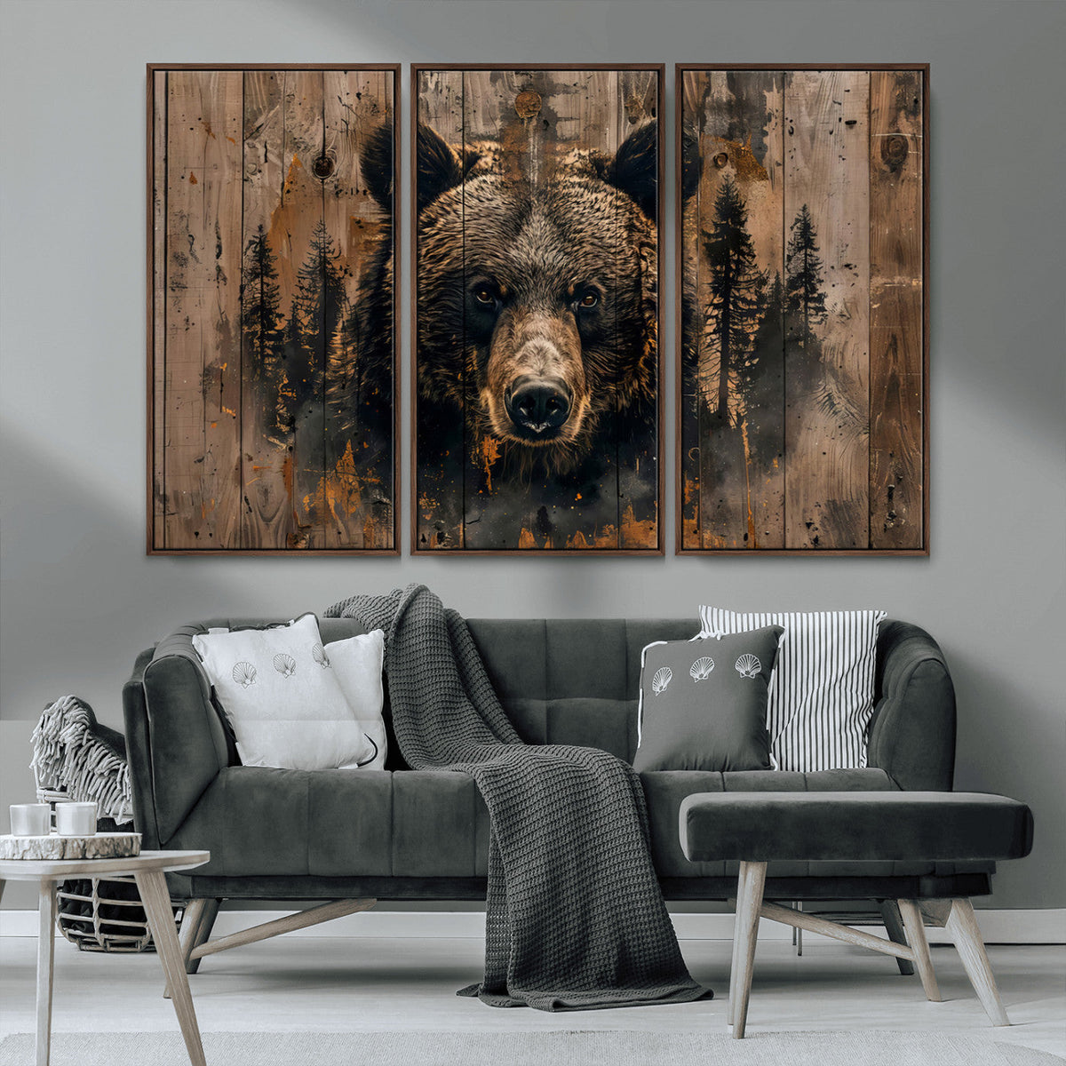 Rustic Grizzly 399 Wall Art | Triptych Canvas Print | Rustic