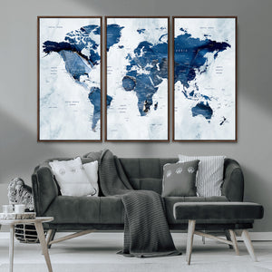 Modern Blue World Map Canvas Print – Framed Wall Art,