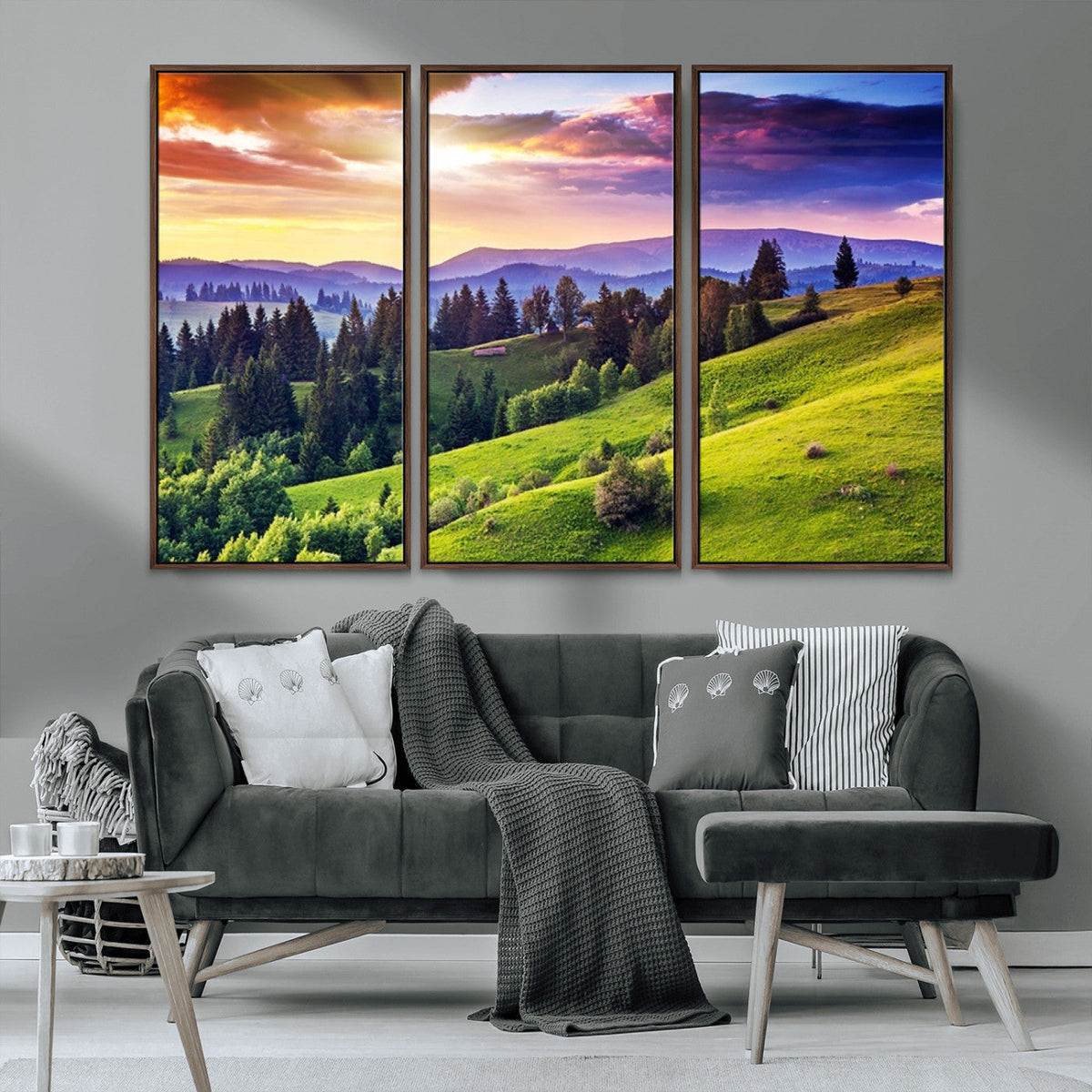 Green Hills and Sunset Wall Art Print - Scenic Landscape