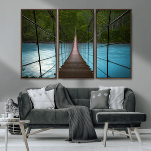 Suspension Bridge Over River Canvas Art | 3-Panel Nature