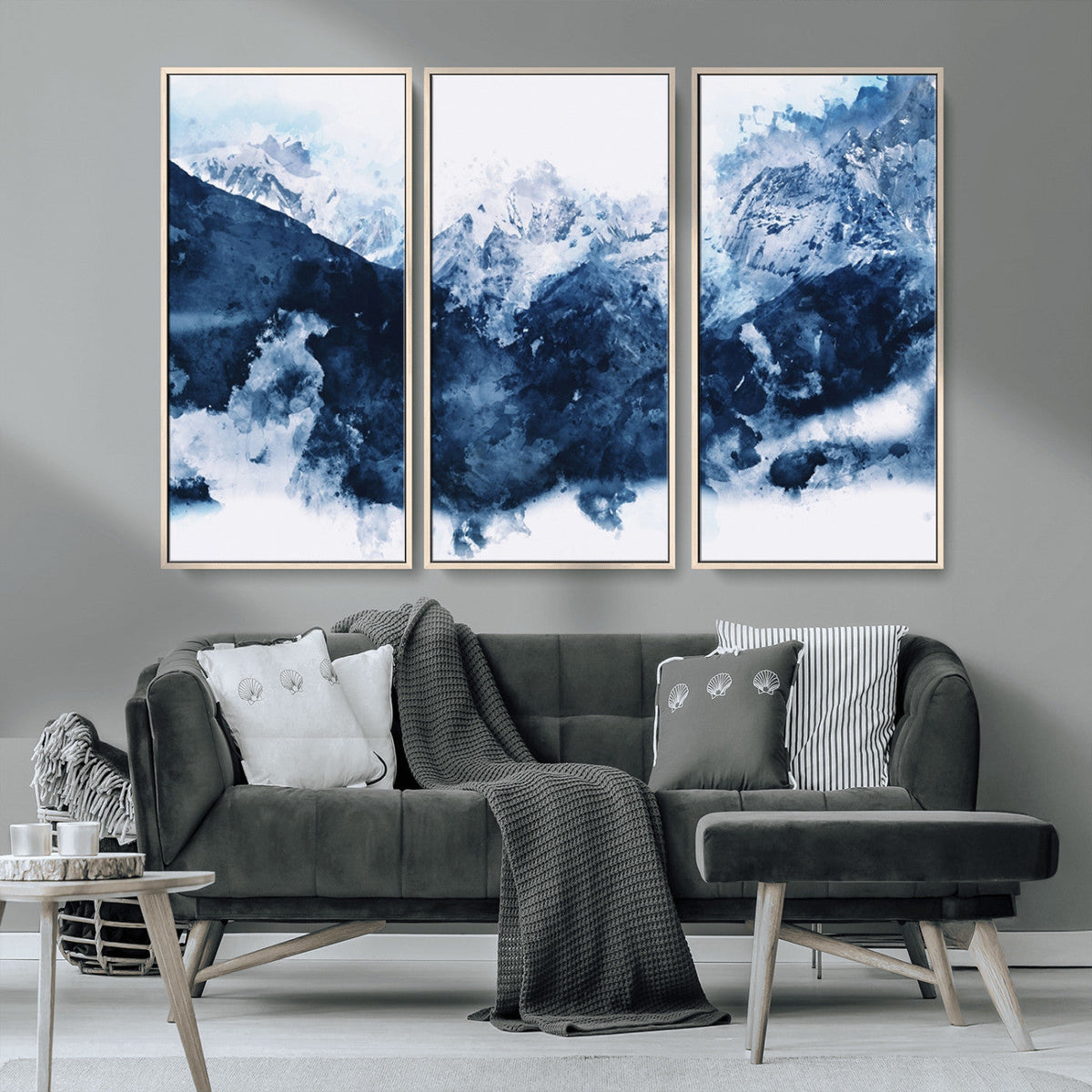 Abstract Blue Mountain Canvas Wall Art – Modern Triptych