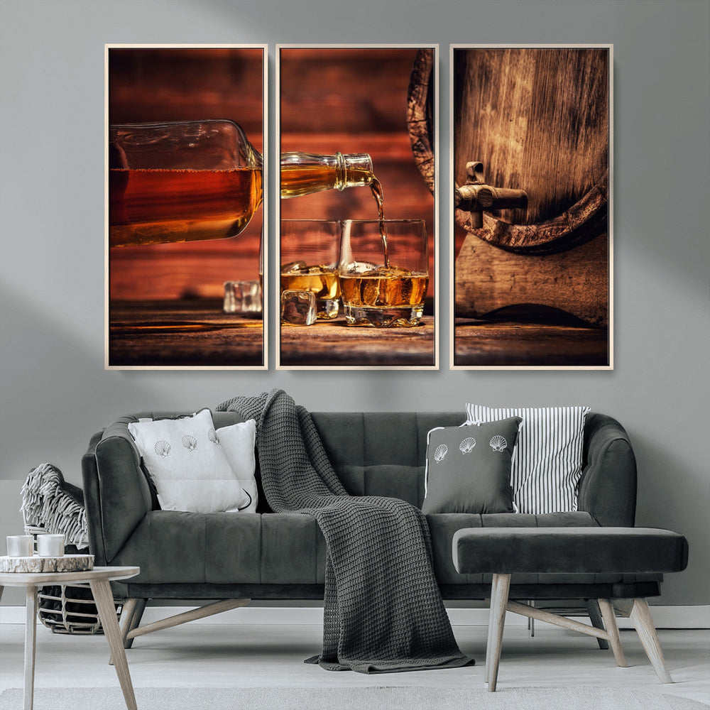 Whiskey and Cigar Canvas Wall Art | 3 Panel Bar Room Decor