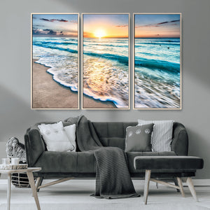 Sunset Beach Waves Canvas Wall Art – 5-Panel Ocean Sunset