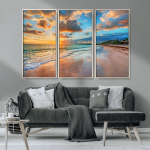Sunset Ocean Waves on Tropical Beach, 3-Panel Giclee Canvas