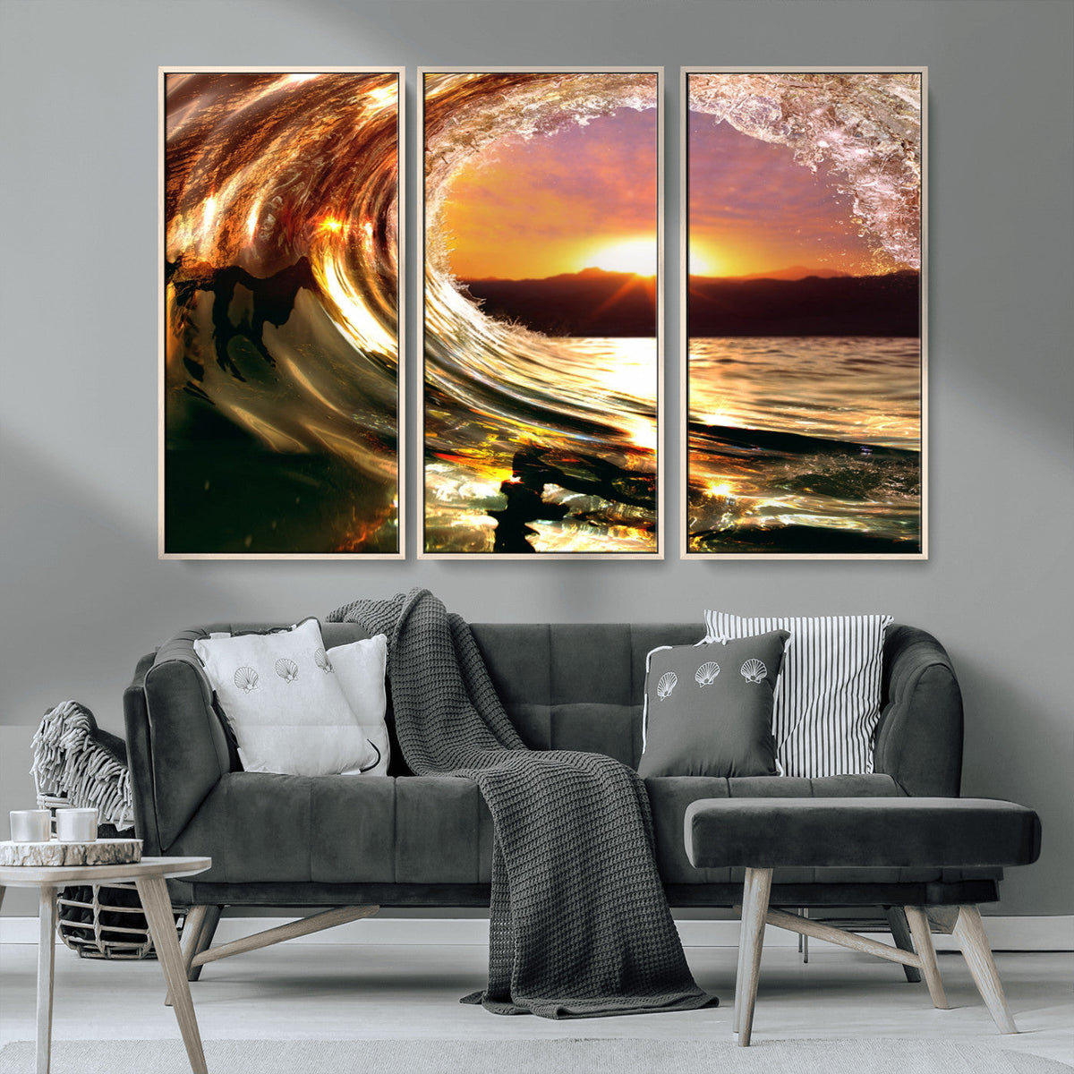 Golden Wave Sunset Triptych Canvas Art, Giclee Canvas Print