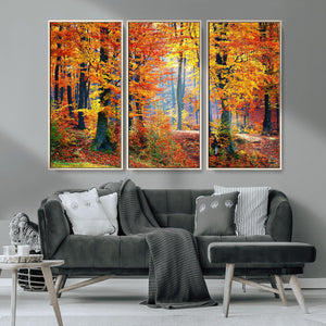 Autumn Red Forest Triptych Canvas Wall Art Print, Forest