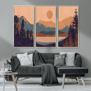 Modern Boho Sunset Canvas Print, Mountain Landscape Triptych