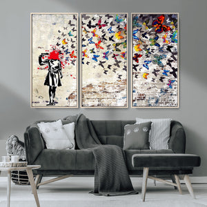 Banksy Art Butterfly Girl Explosion Canvas Art – Vibrant