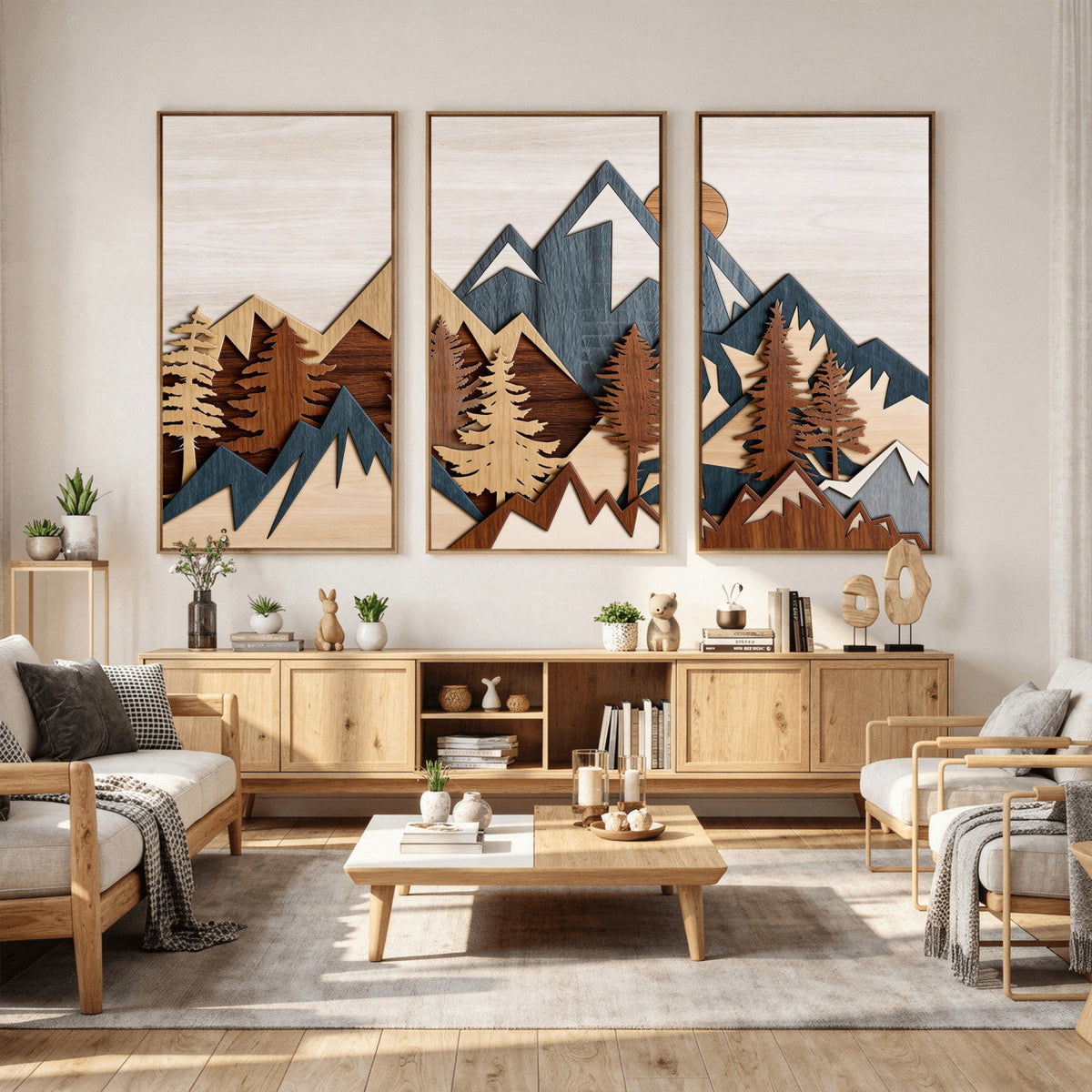 Rustic Abstract Wood Panel Effect Canvas Mountain Range Top