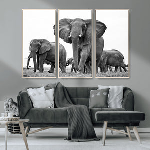 Black White Elephant Family Wall Art Canvas Print