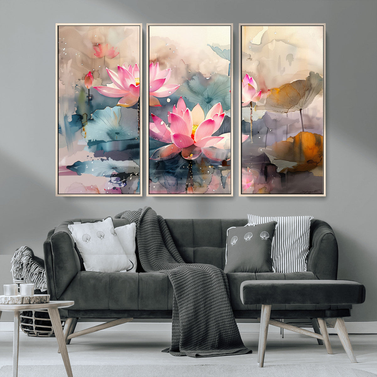 Lotus Flower Wall Art | 3-Panel Giclee Canvas Print of Pink