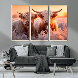 Highland Cows at Sunrise Wall Art Canvas Set – Serene and