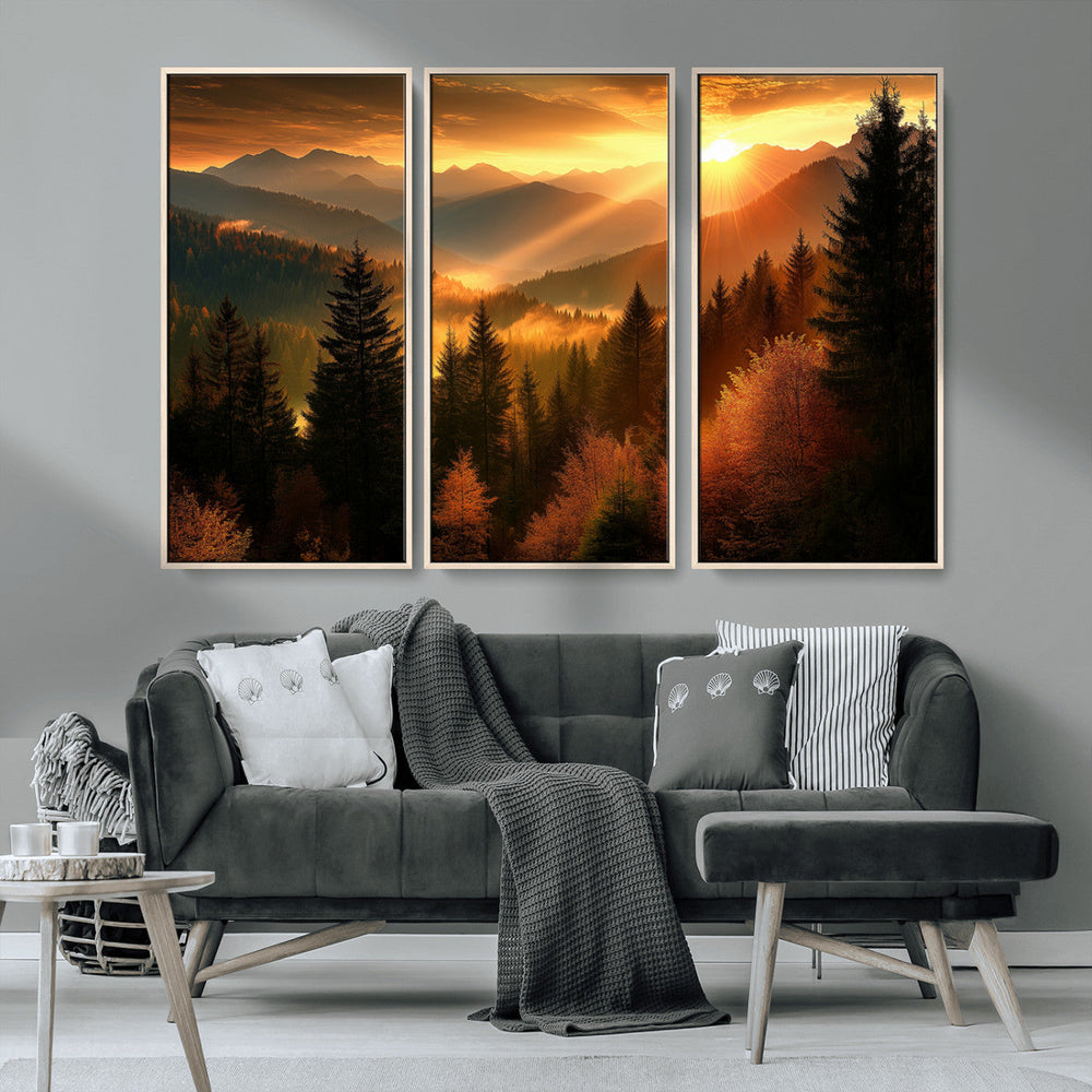 Golden Sunset Over Mountain Forest Canvas Wall Art Print -