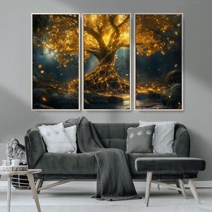 Golden Tree of Life Canvas Wall Art Print - Majestic Glowing