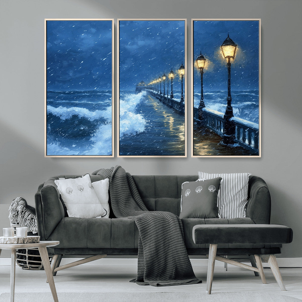 Stormy Ocean Pier Lights Canvas Wall Art Print - Large Moody