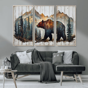 Rustic Grizzly 399 Bear and Mountain Wood Canvas Wall Art -