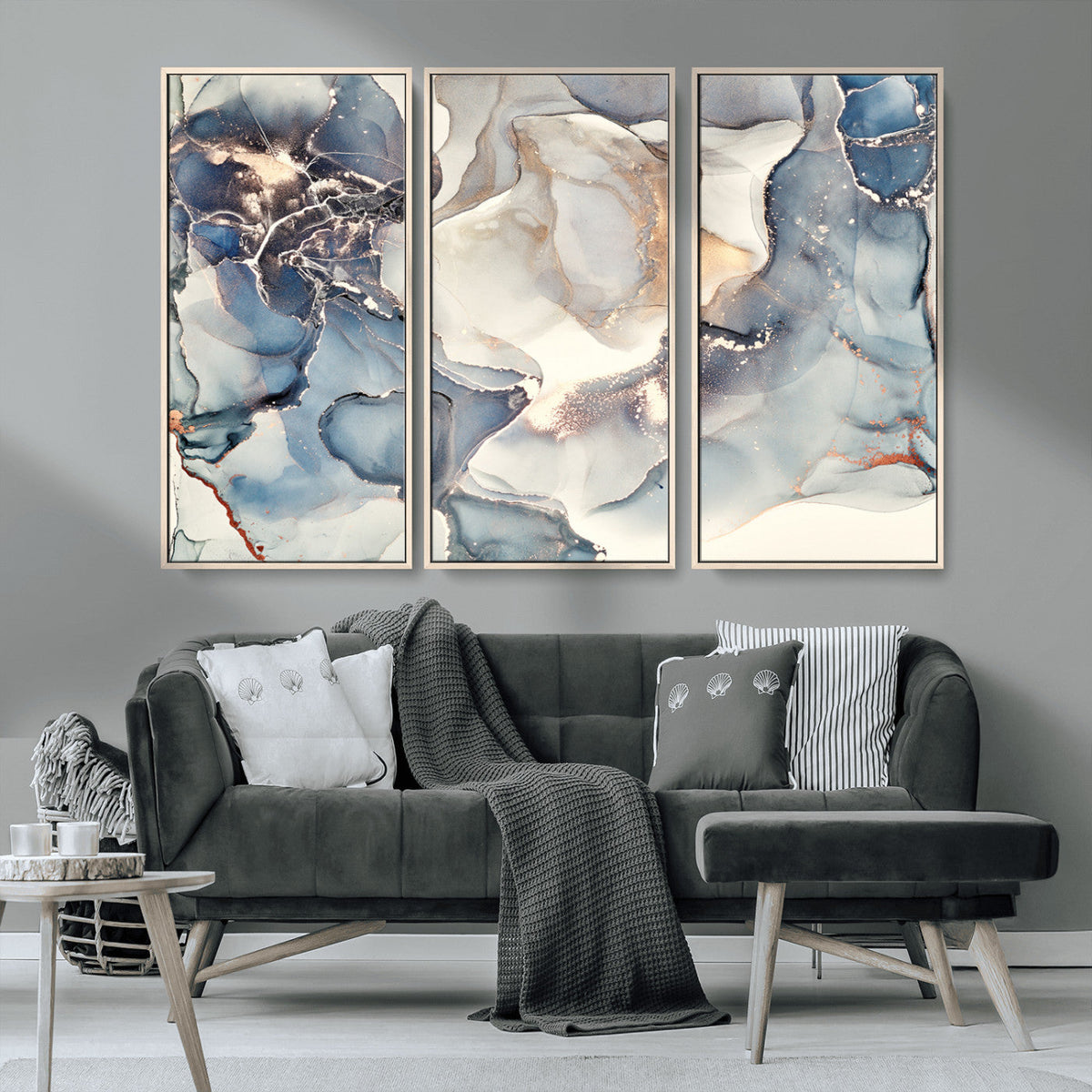 Abstract Blue and Gold Canvas Wall Art - Fluid Modern Ink