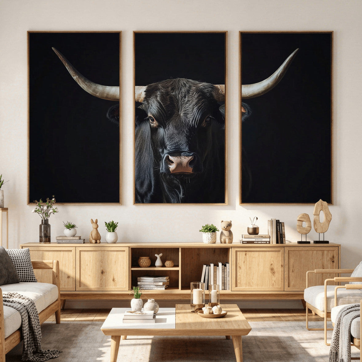 Majestic Longhorn Bull Wall Art Canvas Print – Dark