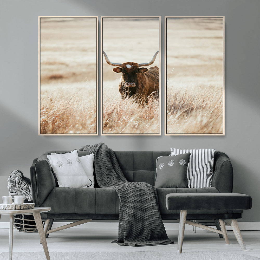 Texas Longhorn Wall Art Canvas Print – Framed Brown Horned