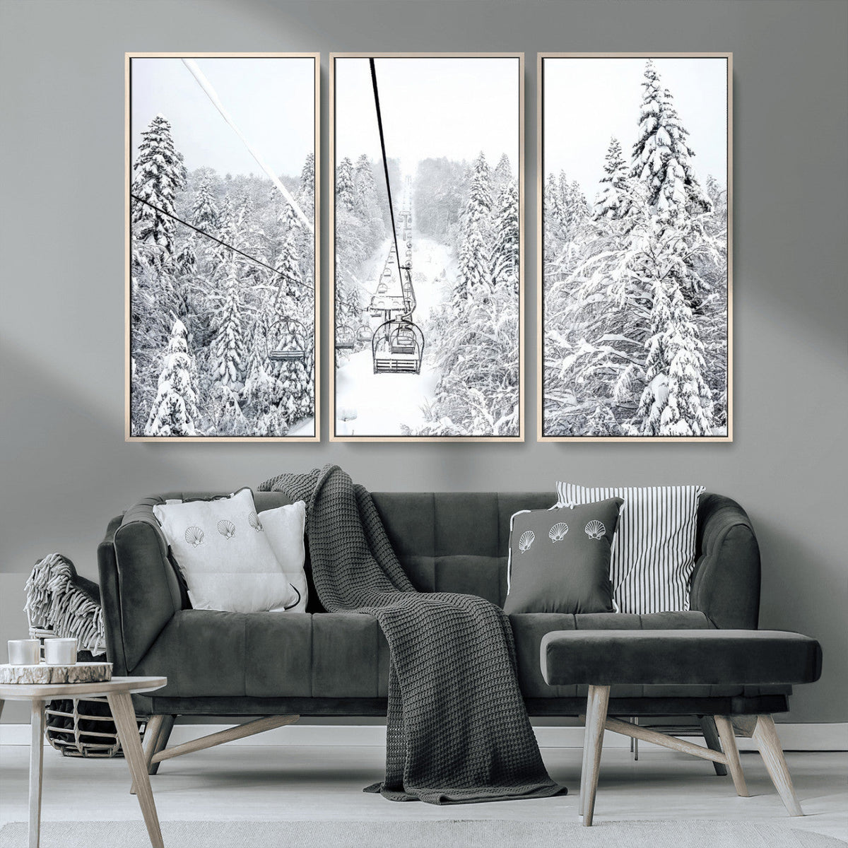 Snowy Ski Lift Wall Art – Framed Winter Mountain Canvas