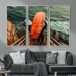 Surfer Stairway Wall Art – Framed Ocean Surf Canvas Artwork,