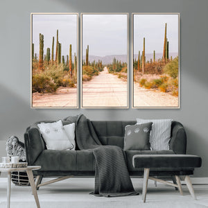 Desert Cactus Lined Road Wall Art Canvas Print – Framed