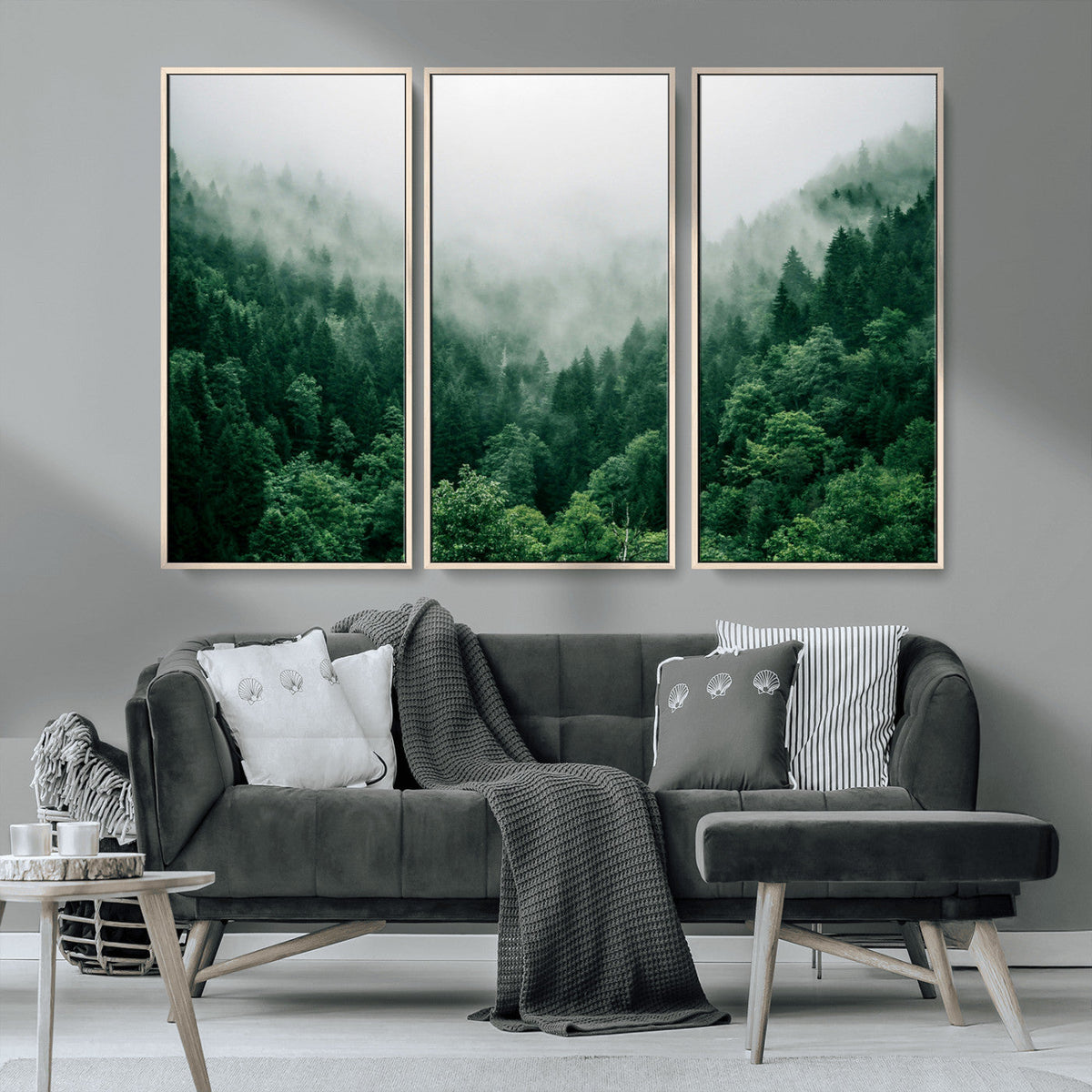 Misty Green Forest Canvas Print – Framed Serene Foggy Pine