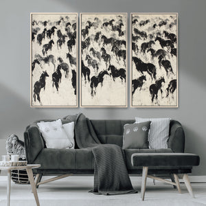 Wild Horse Stampede Wall Art Canvas Print – Monochrome