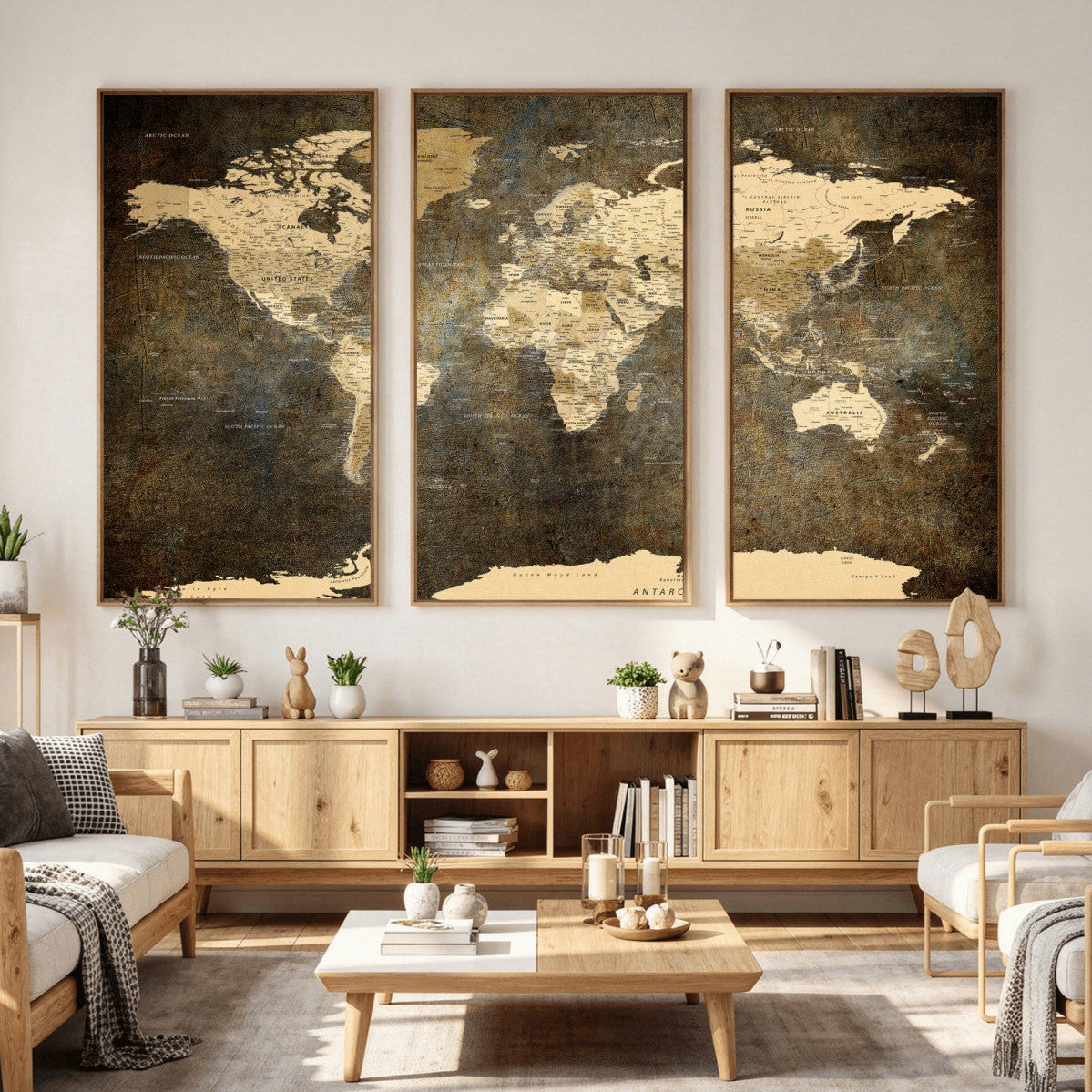 Large Framed Vintage World Map Wall Art Print for Home Wall