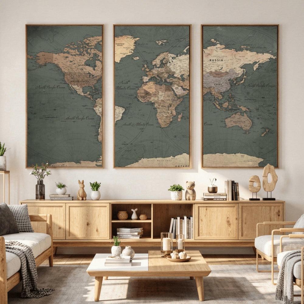 Rustic Black and Wood World Map Canvas Wall Art – Framed