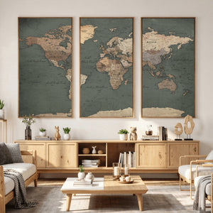 Rustic Black and Wood World Map Canvas Wall Art – Framed