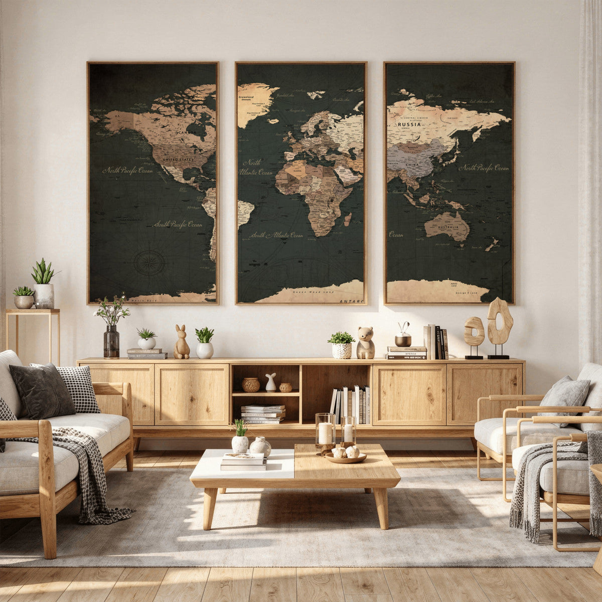 Vintage World Map Canvas Wall Art – Framed Travel Map for