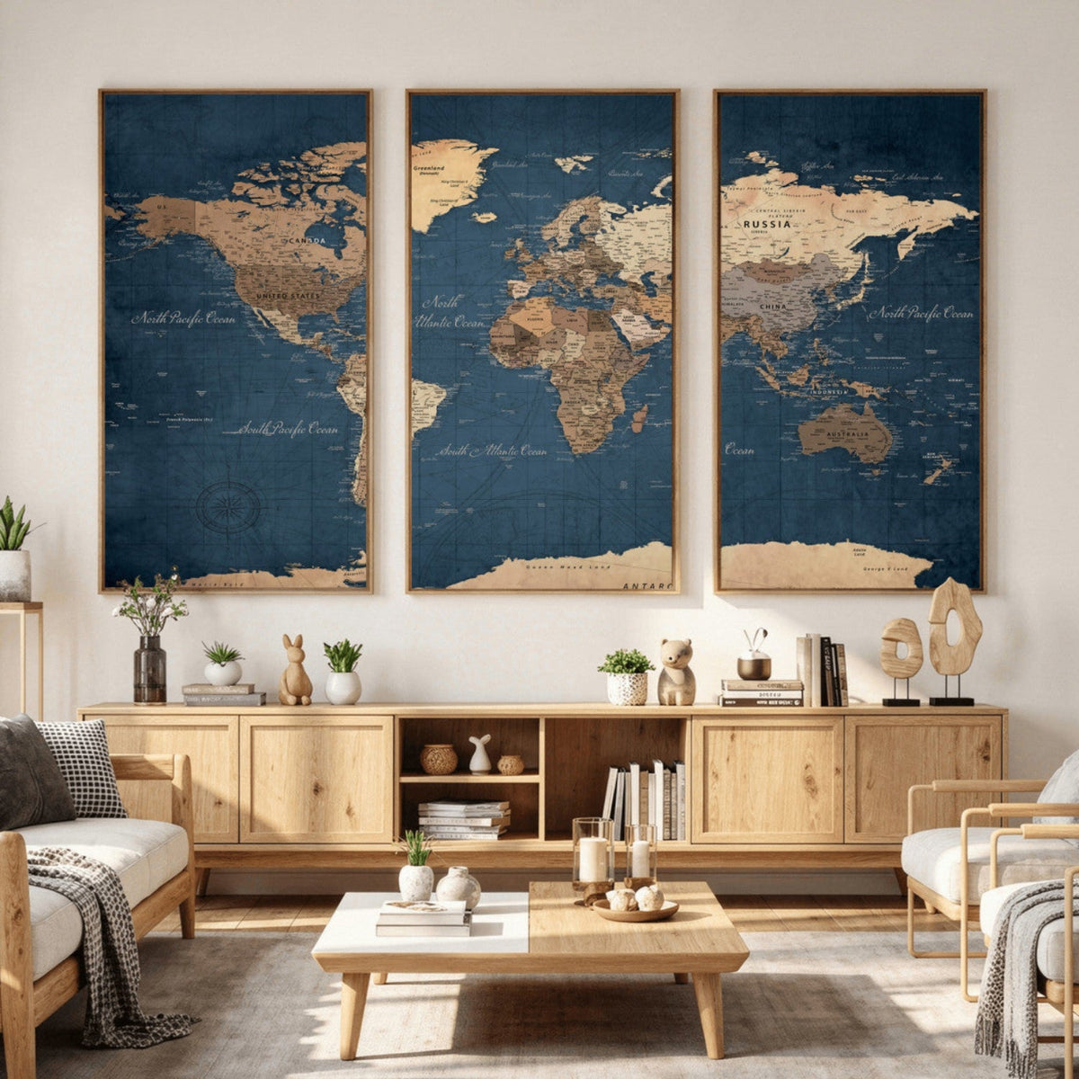 Navy Blue World Map Canvas Print – Framed Travel Map Wall