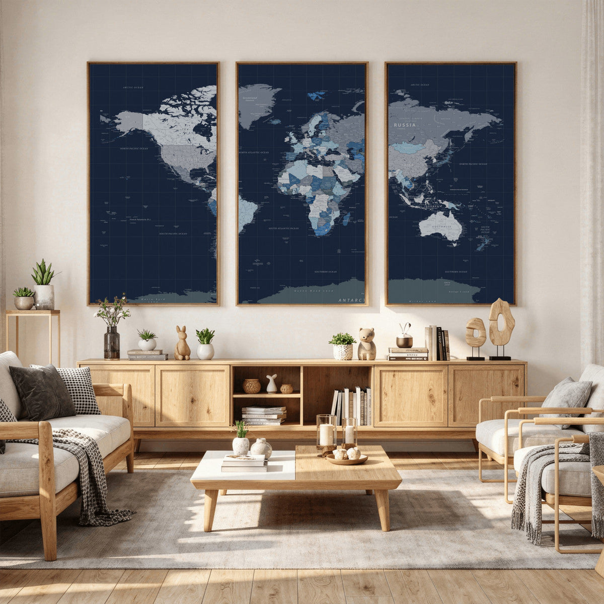 Blue Detailed World Map Wall Art Canvas Print, Modern Framed