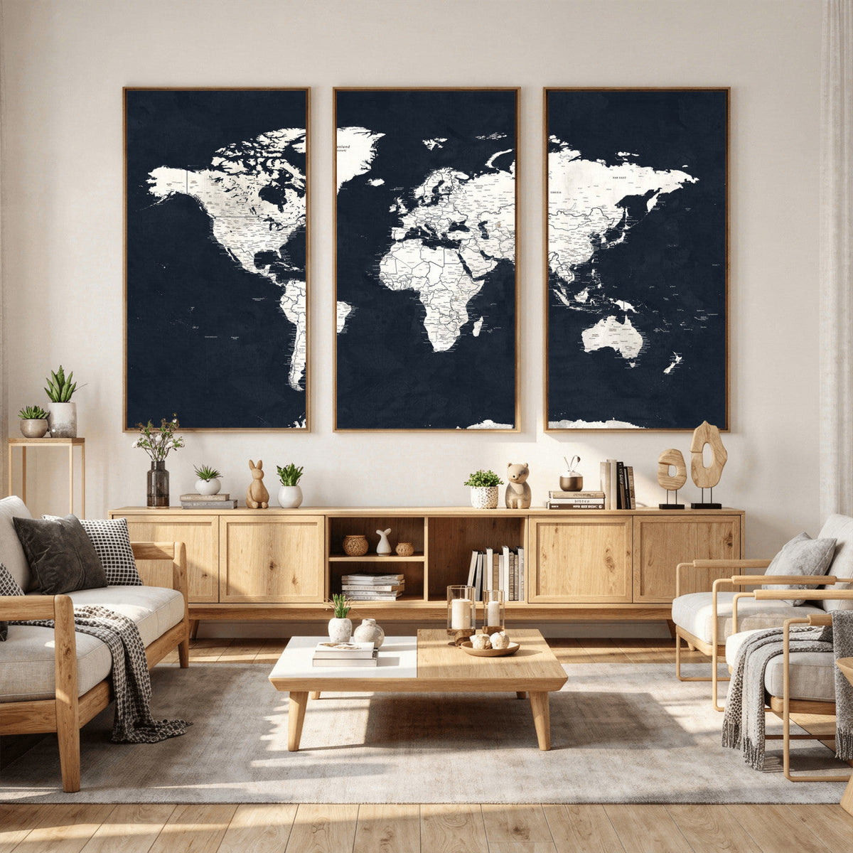 Black World Map Wall Art Canvas Print for Home Office and