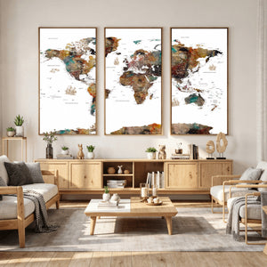 Watercolor World Map Canvas Print – Detailed Map of the