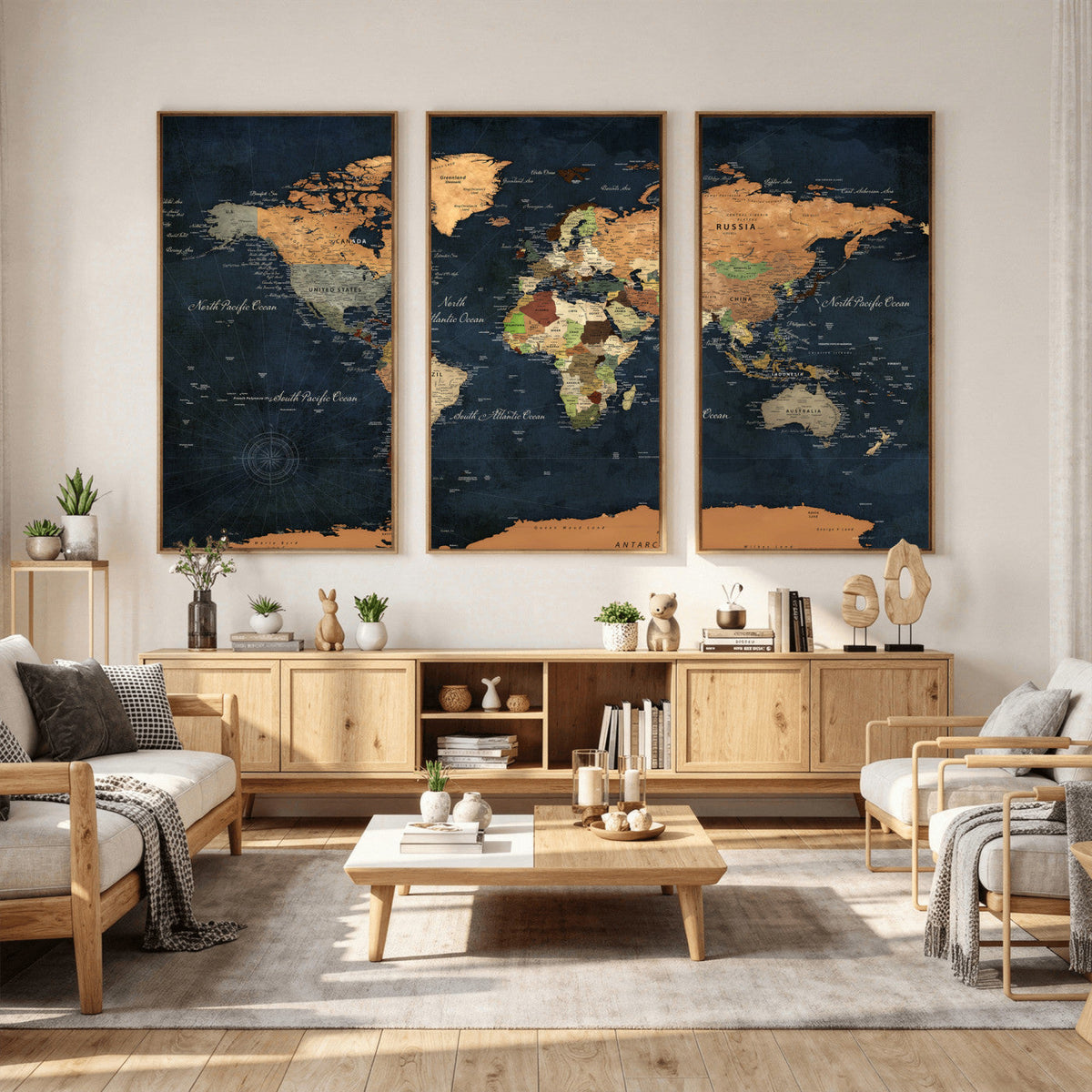 Vintage World Map Canvas Wall Art – Detailed Map with