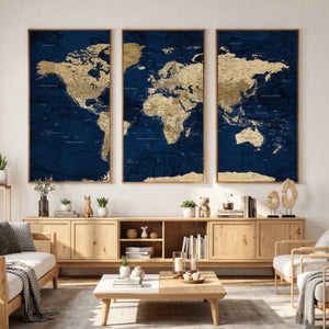 Navy Blue World Map Canvas Print – Detailed Map Minimal Navy