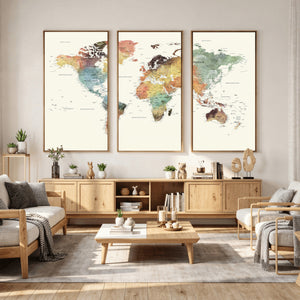Framed World Map Wall Art Canvas Print for Living Room and