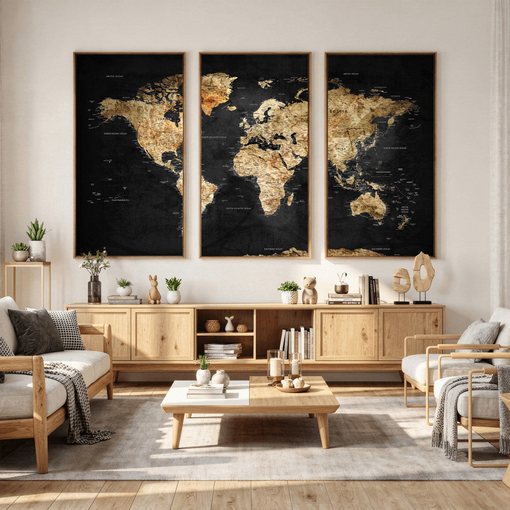 World Map Canvas Wall Art with Famous Landmarks – Framed