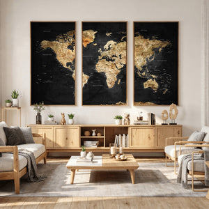 World Map Canvas Wall Art with Famous Landmarks – Framed