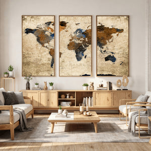 World Map Wall Art – Rustic Earth Tone Canvas Print, Antique