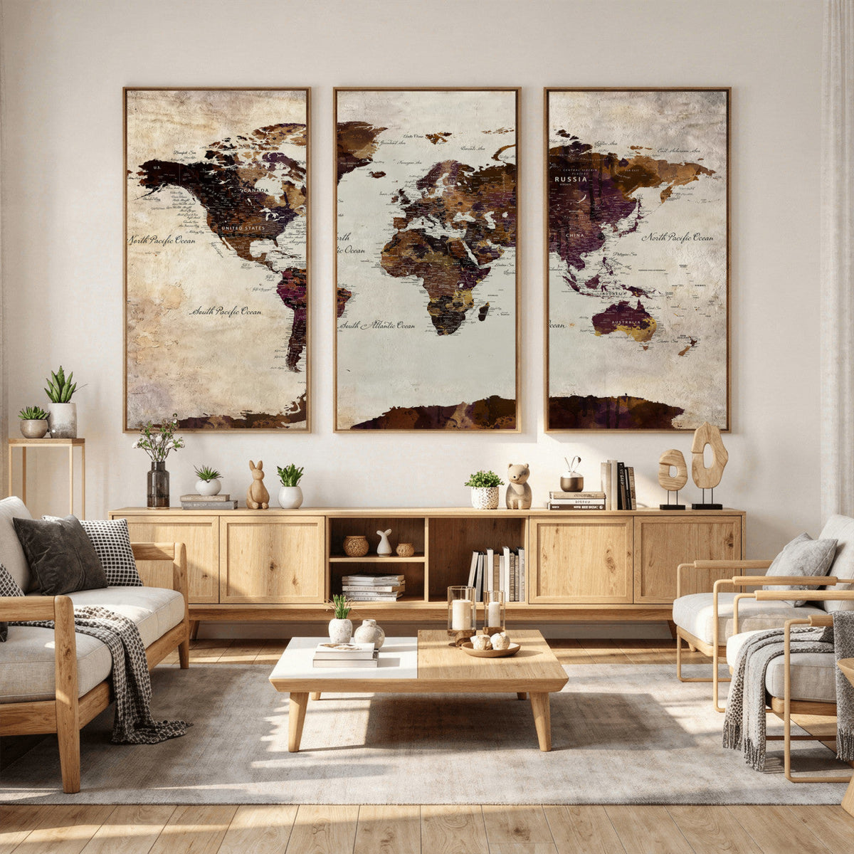 World Map Canvas Triptych – Colorful Global Wall Art for