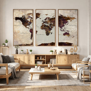 World Map Canvas Triptych – Colorful Global Wall Art for