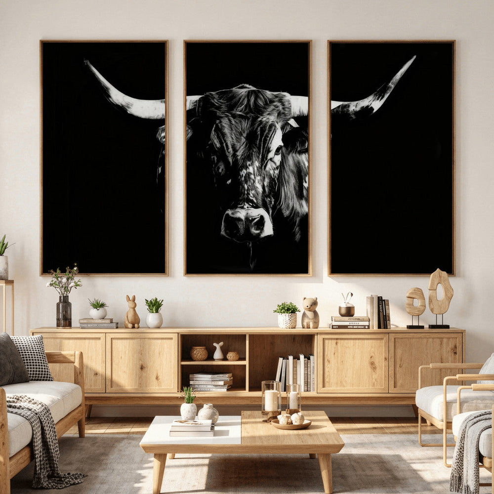Black Bull Wall Art Canvas Print, Dark Longhorn Portrait