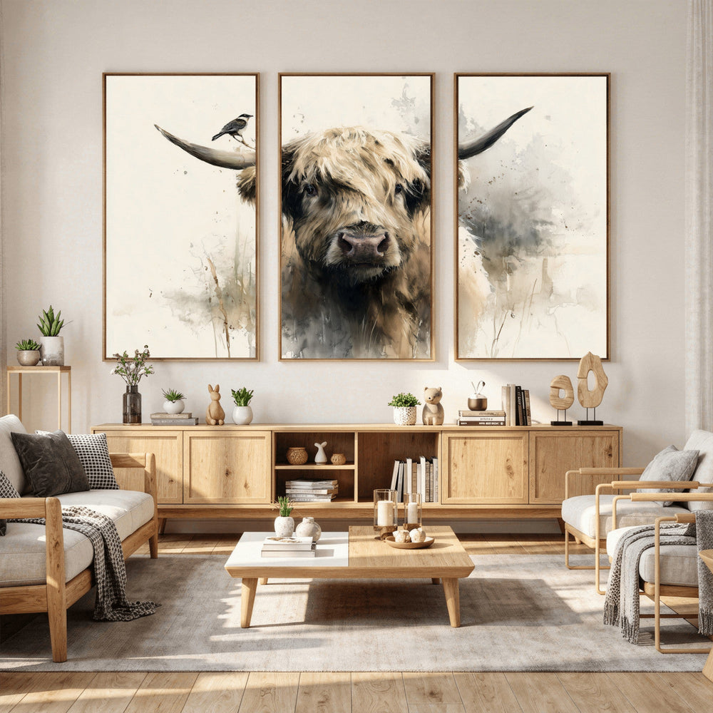 Abstract Highland Cow Wall Art Canvas Print, Rustic Farm