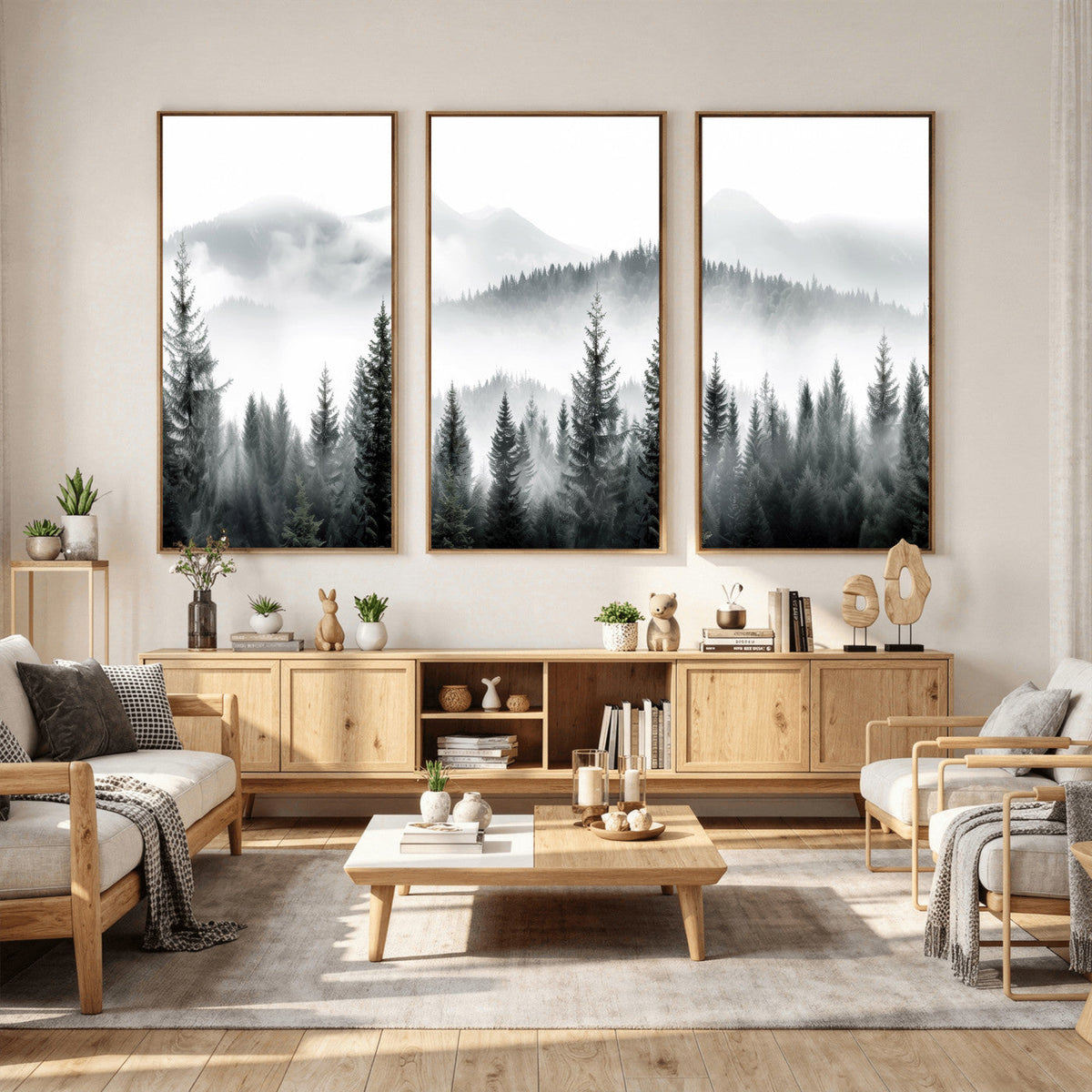 Misty Pine Forest Mountain Landscape Wall Art Canvas Print