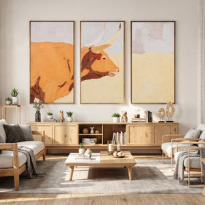 Minimal Longhorn Bull Wall Art Canvas Print, Neutral Western