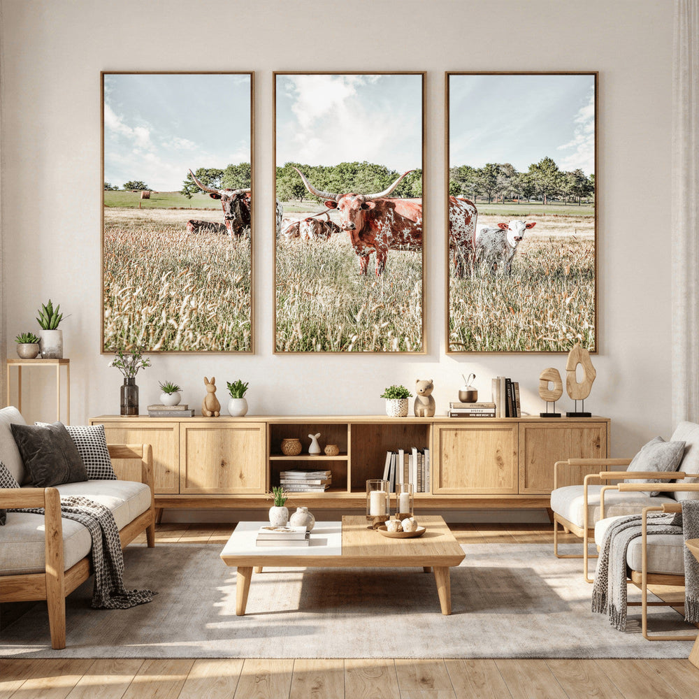 Texas Longhorn Cattle Wall Art Canvas Print, Rustic Ranch